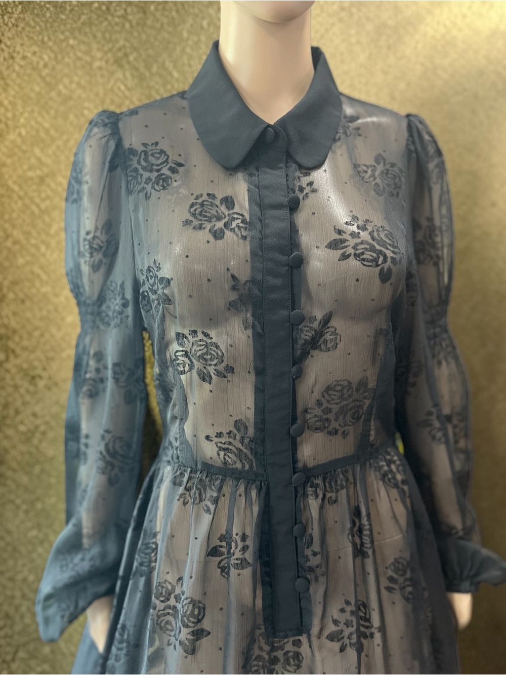 Voodoo Vixen Black Rose Sheer Midi Shirt Dress • Whimsigoth Rockabilly M - Picture 6 of 12
